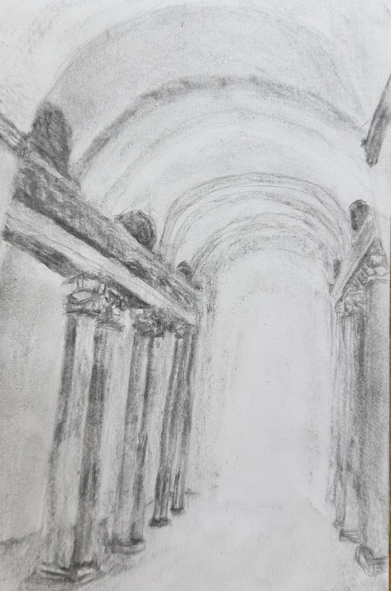 Vine charcoal sketch showing a Louvre walkway in Paris