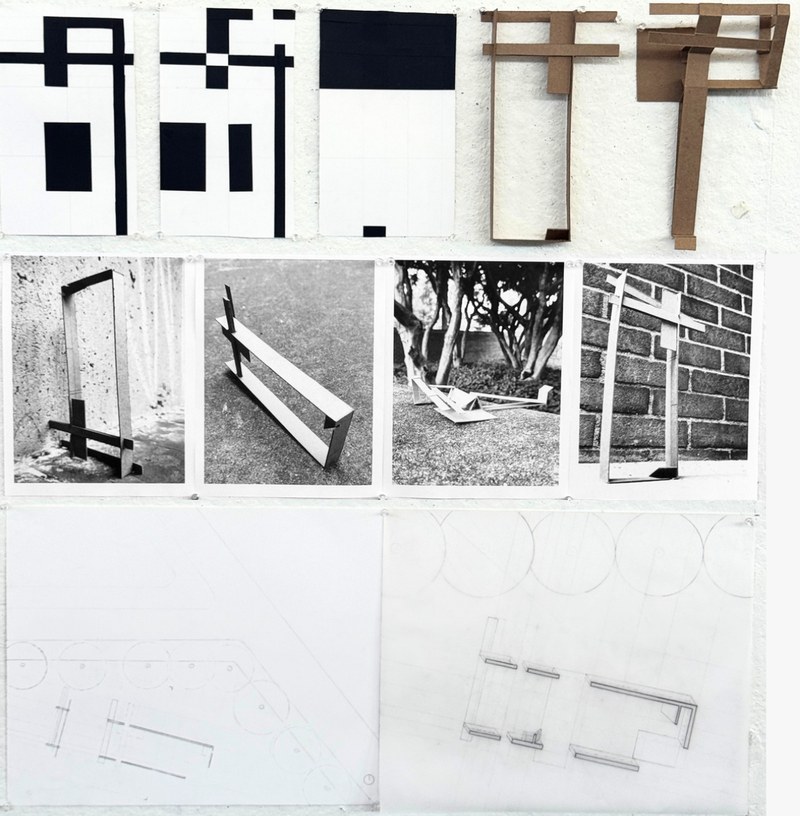 Final pin up of charettes, models, photographs, floor plan, and oblique