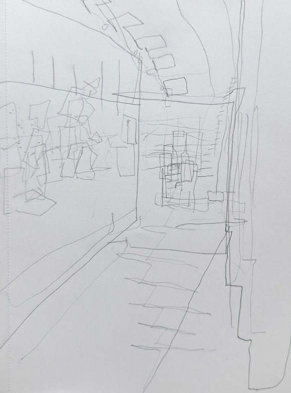 5 minute blind contour sketch of hallway